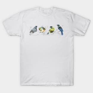 Mr Kokako, Mr Tui, Mr Sylvereye, Mr bellbird on a branch T-Shirt